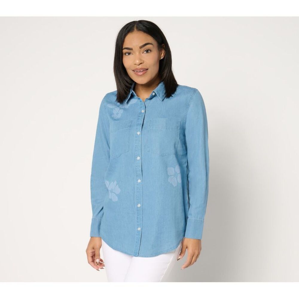 Studio Park Women's Top Sz XS 100% Cotton Stamped Chambray Shirt Blue A676832